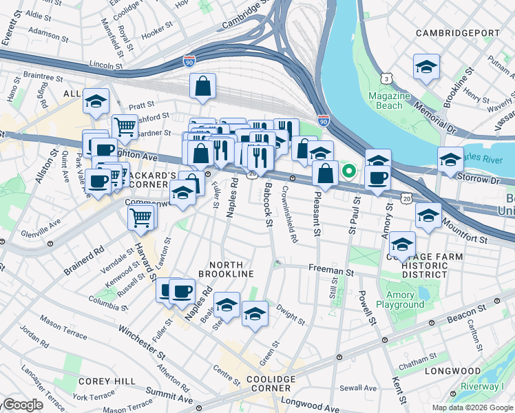 map of restaurants, bars, coffee shops, grocery stores, and more near 20 Winslow Road in Brookline