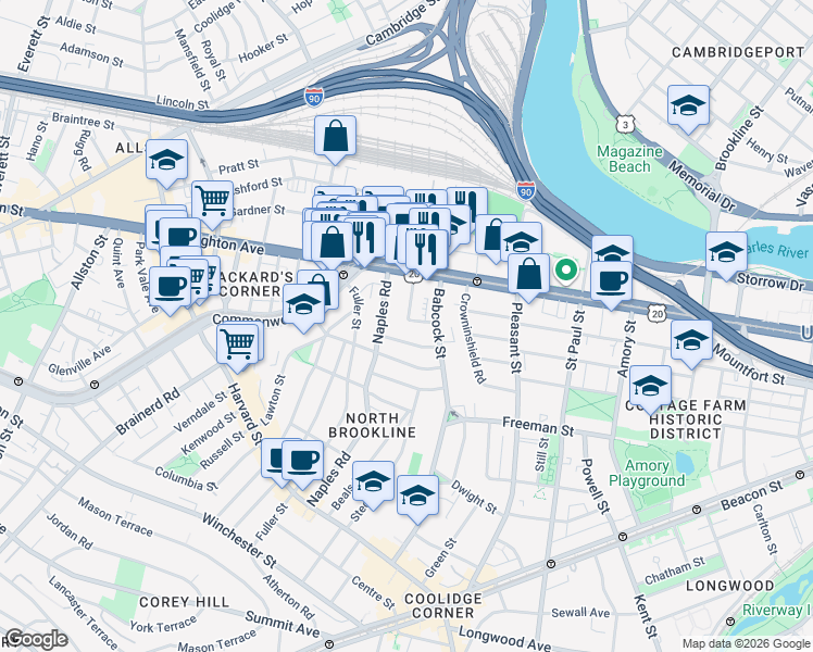 map of restaurants, bars, coffee shops, grocery stores, and more near 20 Winslow Road in Brookline