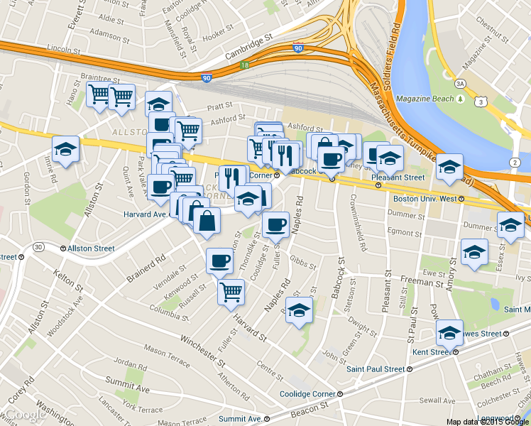 map of restaurants, bars, coffee shops, grocery stores, and more near 14 Hamilton Road in Brookline