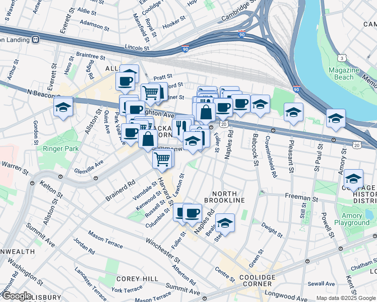 map of restaurants, bars, coffee shops, grocery stores, and more near 1131 Commonwealth Avenue in Boston