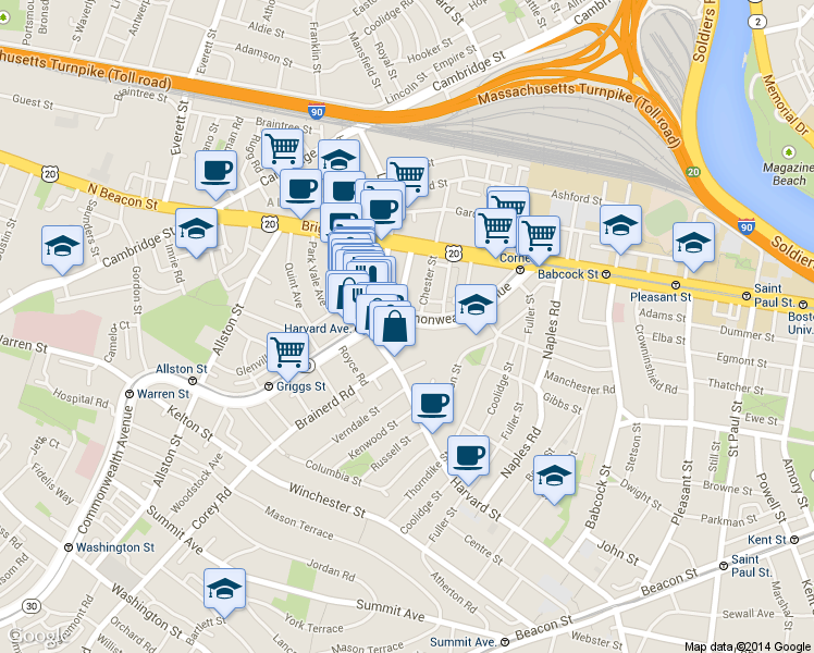 map of restaurants, bars, coffee shops, grocery stores, and more near 1197 Commonwealth Avenue in Boston