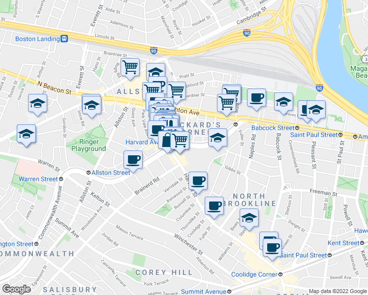 map of restaurants, bars, coffee shops, grocery stores, and more near 1197 Commonwealth Avenue in Boston