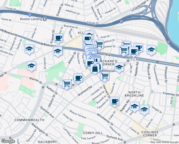 map of restaurants, bars, coffee shops, grocery stores, and more near 1245 Commonwealth Avenue in Boston