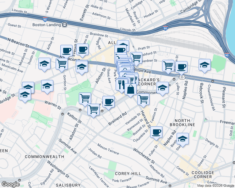 map of restaurants, bars, coffee shops, grocery stores, and more near 10-14 Park Vale Avenue in Boston
