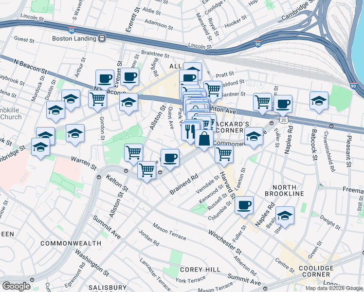 map of restaurants, bars, coffee shops, grocery stores, and more near 10-14 Park Vale Avenue in Boston