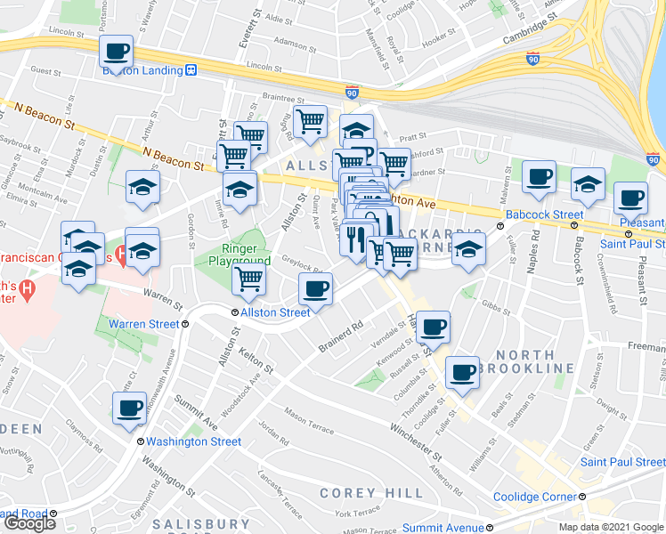 map of restaurants, bars, coffee shops, grocery stores, and more near 10-14 Park Vale Avenue in Boston