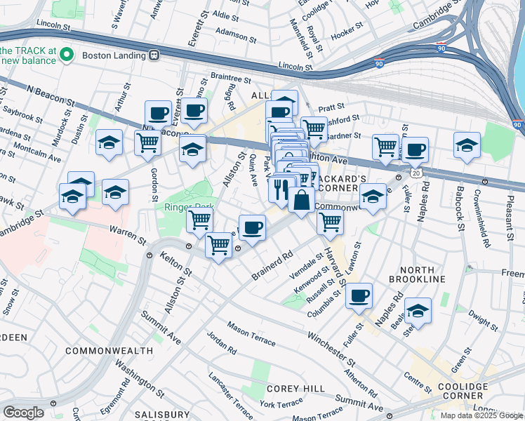 map of restaurants, bars, coffee shops, grocery stores, and more near 10-14 Park Vale Avenue in Boston