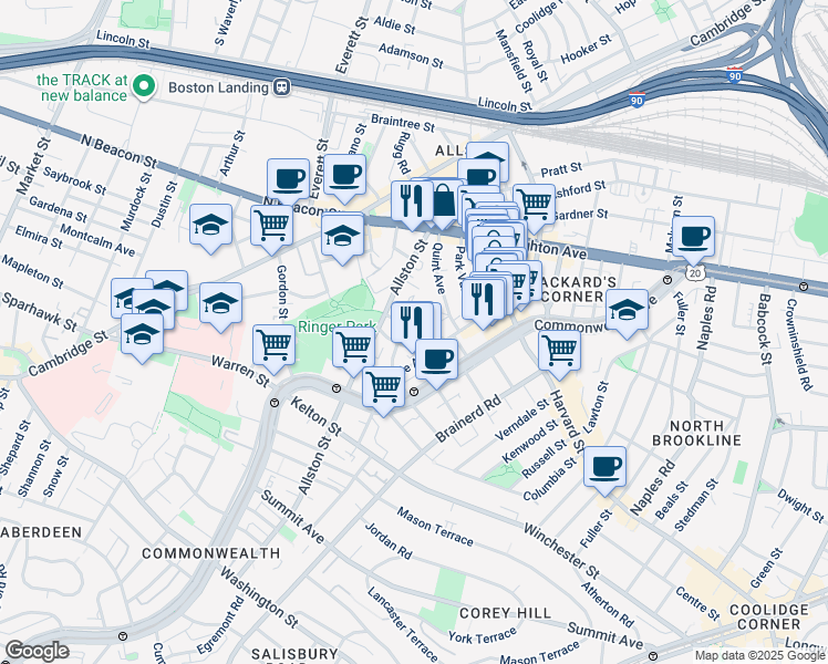 map of restaurants, bars, coffee shops, grocery stores, and more near 17 Radcliffe Road in Boston