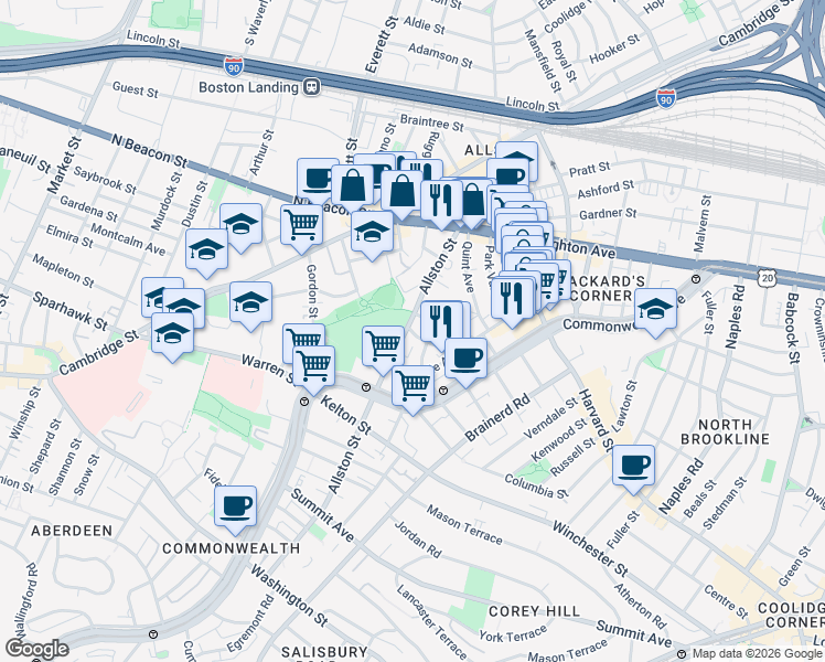 map of restaurants, bars, coffee shops, grocery stores, and more near 68 Allston Street in Boston