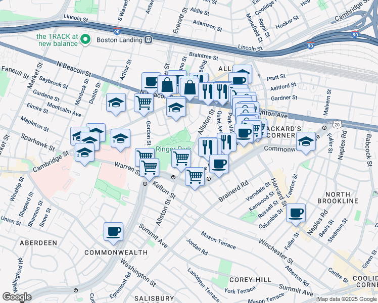map of restaurants, bars, coffee shops, grocery stores, and more near 68 Allston Street in Boston