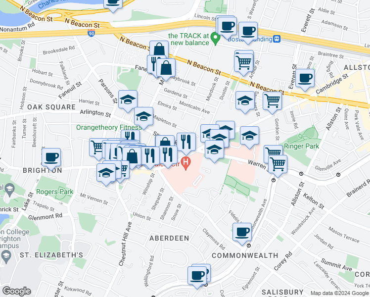 map of restaurants, bars, coffee shops, grocery stores, and more near 30 Murdock Street in Boston