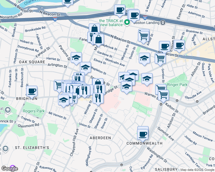 map of restaurants, bars, coffee shops, grocery stores, and more near 30 Murdock Street in Boston