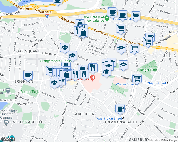 map of restaurants, bars, coffee shops, grocery stores, and more near 30 Murdock Street in Boston