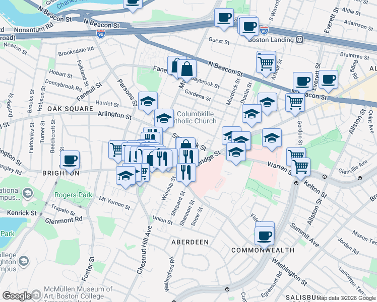map of restaurants, bars, coffee shops, grocery stores, and more near 15 Sparhawk Street in Boston