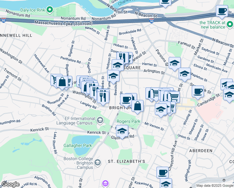 map of restaurants, bars, coffee shops, grocery stores, and more near 50 Beechcroft Street in Boston