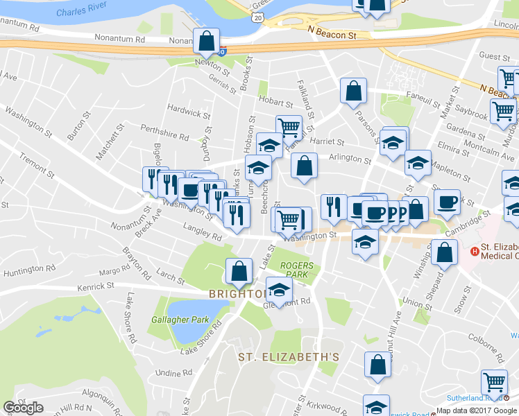 map of restaurants, bars, coffee shops, grocery stores, and more near 50 Beechcroft Street in Boston