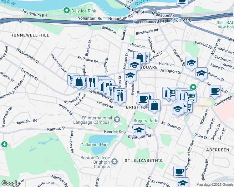 map of restaurants, bars, coffee shops, grocery stores, and more near 52 Fairbanks Street in Boston