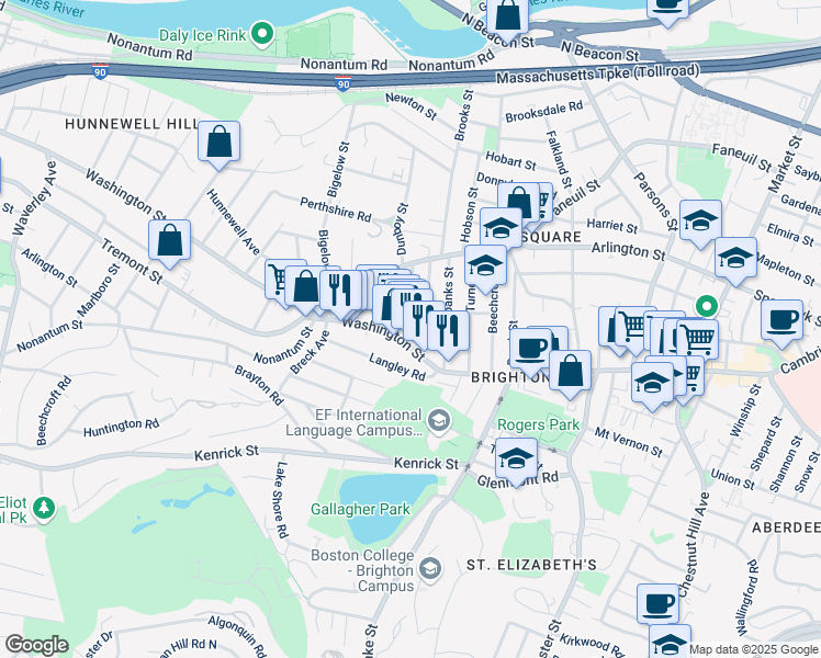 map of restaurants, bars, coffee shops, grocery stores, and more near 25-27 Montfern Avenue in Boston