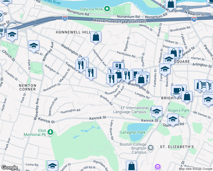 map of restaurants, bars, coffee shops, grocery stores, and more near 11 Tip Top Street in Boston