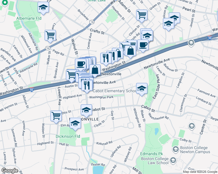 map of restaurants, bars, coffee shops, grocery stores, and more near 389 Newtonville Avenue in Newton