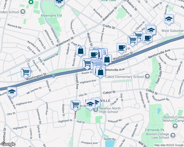 map of restaurants, bars, coffee shops, grocery stores, and more near in Newton