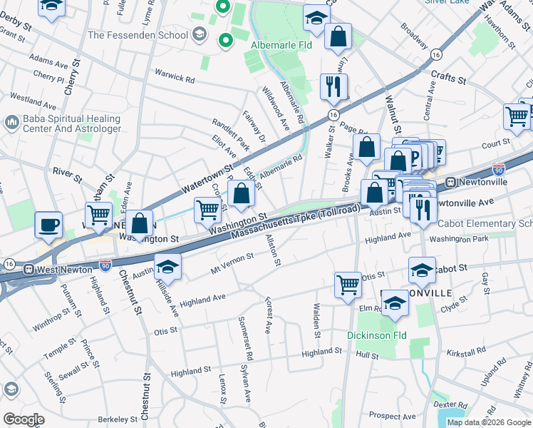 map of restaurants, bars, coffee shops, grocery stores, and more near 41 Harrington Street in Newton