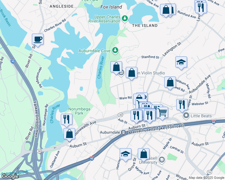 map of restaurants, bars, coffee shops, grocery stores, and more near 41 Chaske Avenue in Newton