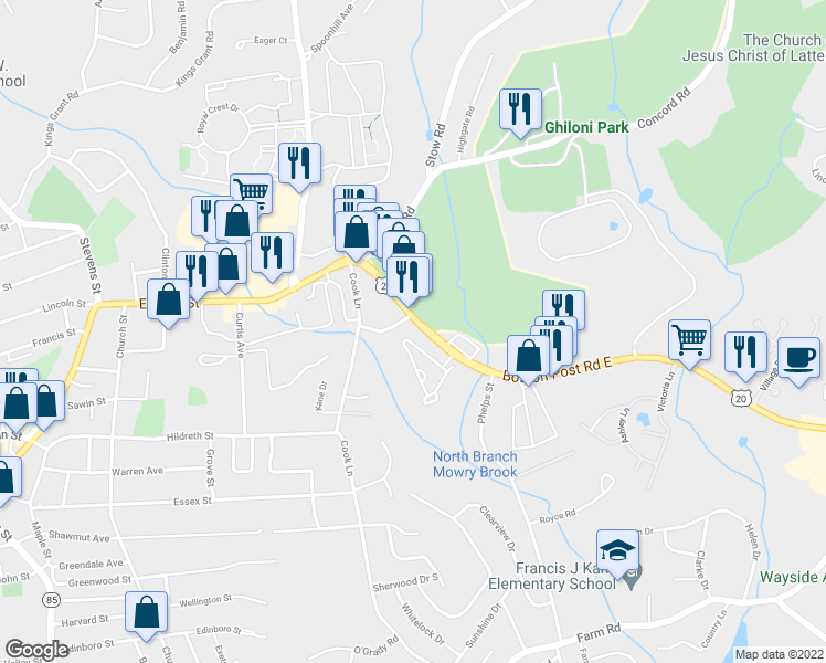 map of restaurants, bars, coffee shops, grocery stores, and more near 3 Farmhouse Lane in Marlborough