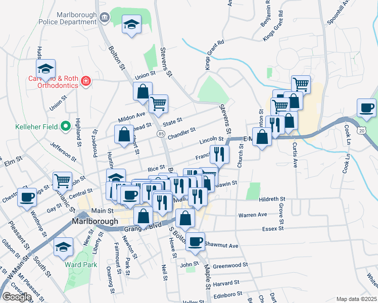 map of restaurants, bars, coffee shops, grocery stores, and more near 69 Lincoln Street in Marlborough
