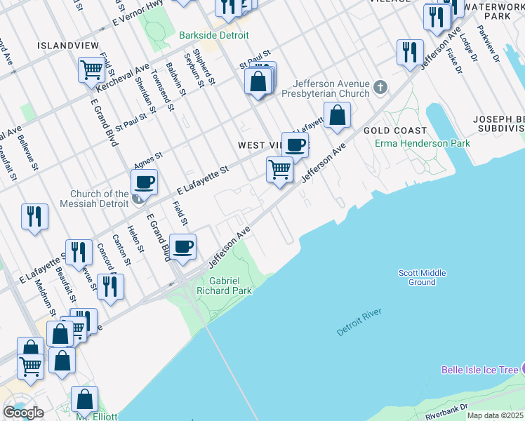 map of restaurants, bars, coffee shops, grocery stores, and more near in Detroit