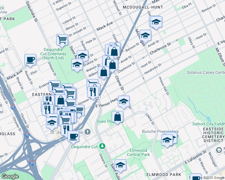 map of restaurants, bars, coffee shops, grocery stores, and more near 2234 Gratiot Avenue in Detroit