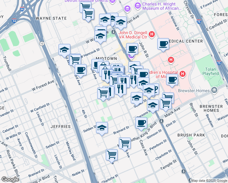 map of restaurants, bars, coffee shops, grocery stores, and more near 4229 Cass Avenue in Detroit