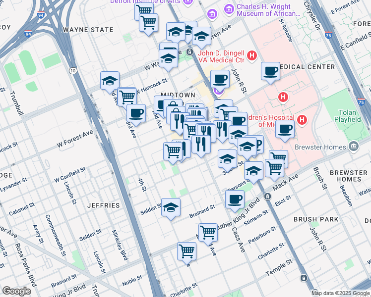 map of restaurants, bars, coffee shops, grocery stores, and more near 4229 Cass Avenue in Detroit
