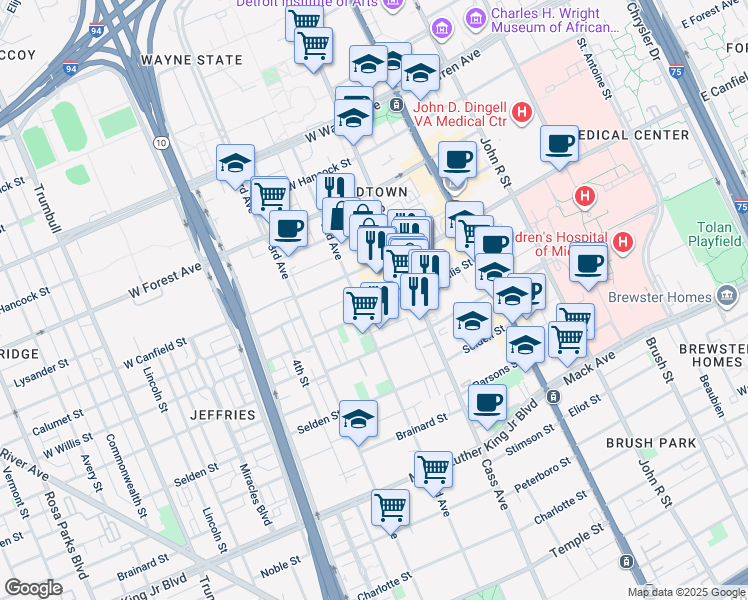 map of restaurants, bars, coffee shops, grocery stores, and more near 477 West Canfield Street in Detroit
