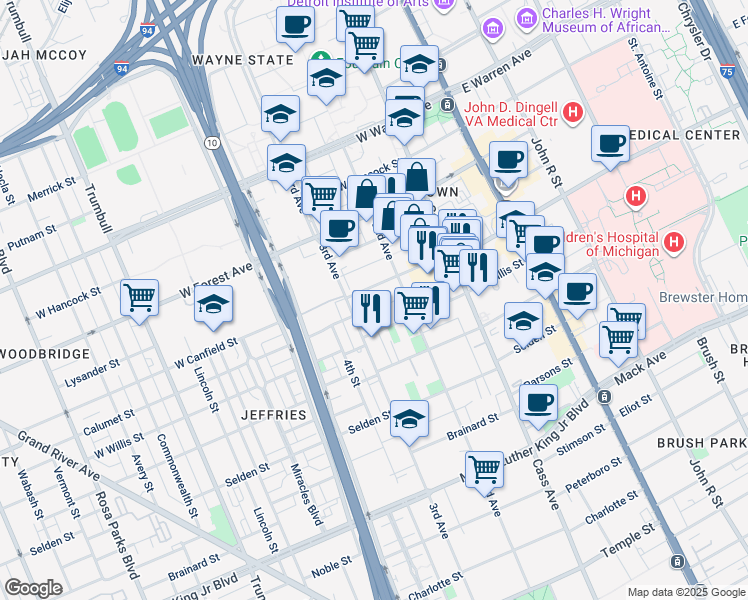 map of restaurants, bars, coffee shops, grocery stores, and more near 627 West Canfield Street in Detroit