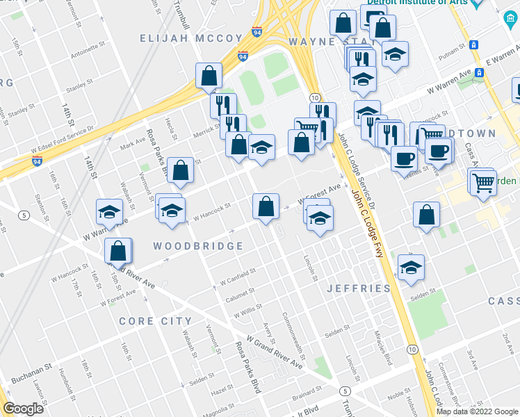 map of restaurants, bars, coffee shops, grocery stores, and more near 4736 Trumbull in Detroit