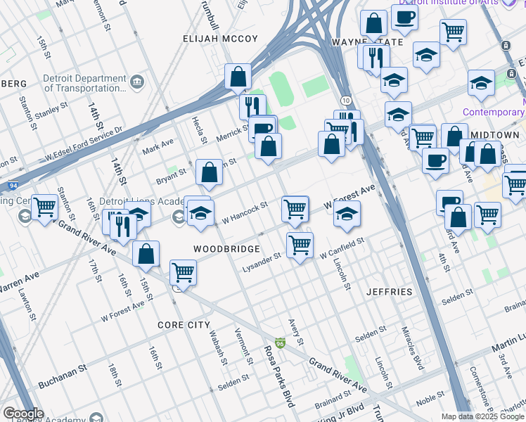 map of restaurants, bars, coffee shops, grocery stores, and more near 1534 West Hancock Street in Detroit