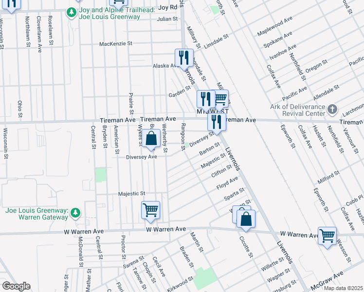 map of restaurants, bars, coffee shops, grocery stores, and more near 6641 Belfast Avenue in Detroit