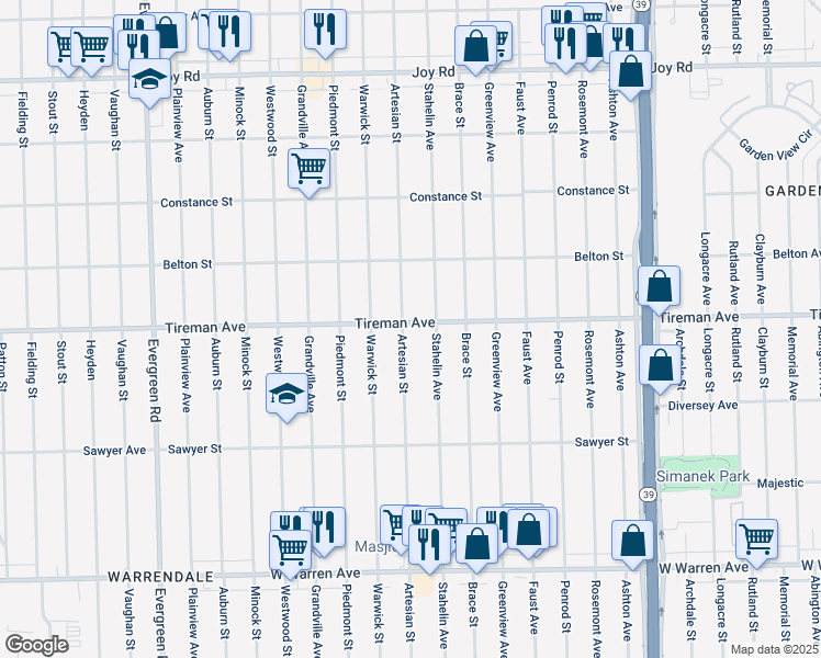 map of restaurants, bars, coffee shops, grocery stores, and more near 8027 Artesian Street in Detroit