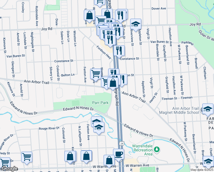 map of restaurants, bars, coffee shops, grocery stores, and more near 8171 Woodbine Street in Dearborn Heights