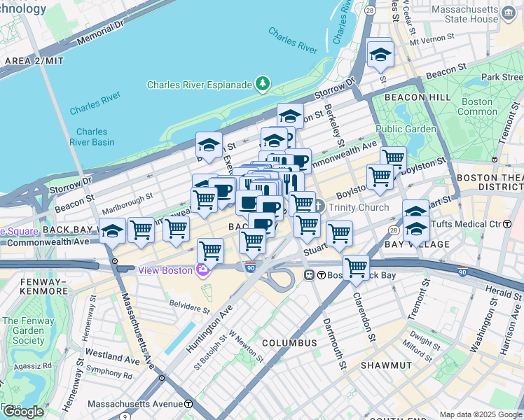 map of restaurants, bars, coffee shops, grocery stores, and more near 176 Newbury Street in Boston
