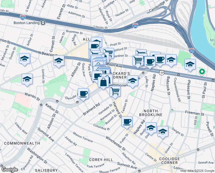map of restaurants, bars, coffee shops, grocery stores, and more near 1216 Commonwealth Ave in ALLSTON