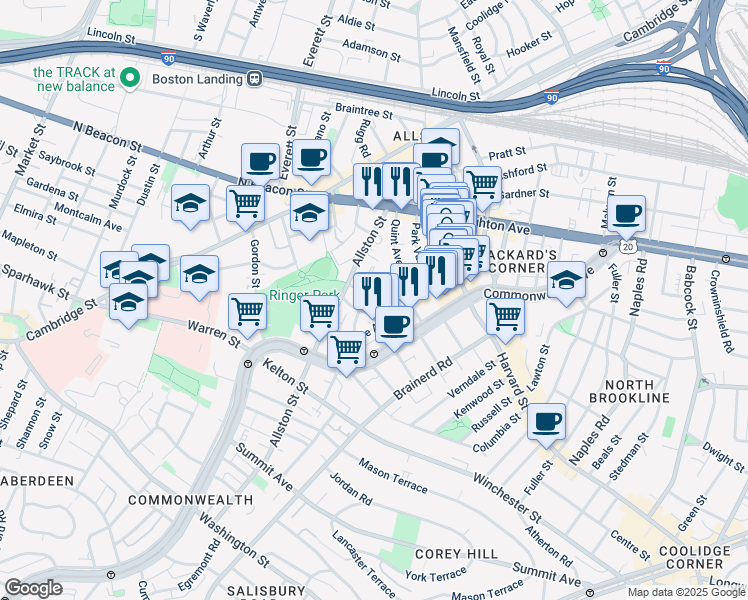 map of restaurants, bars, coffee shops, grocery stores, and more near 17 Radcliffe Road in Boston