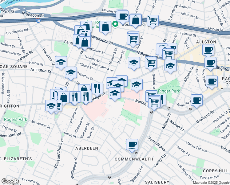 map of restaurants, bars, coffee shops, grocery stores, and more near 20 Warren Street in Boston
