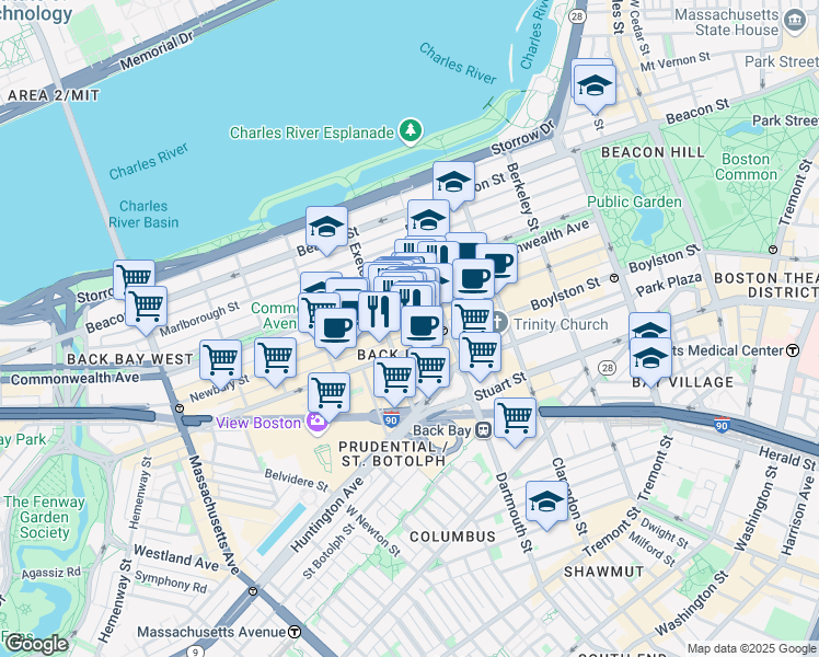 map of restaurants, bars, coffee shops, grocery stores, and more near 176 Newbury Street in Boston
