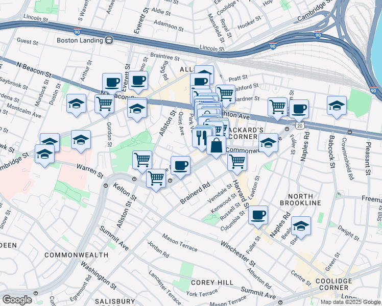 map of restaurants, bars, coffee shops, grocery stores, and more near 10-14 Park Vale Avenue in Boston