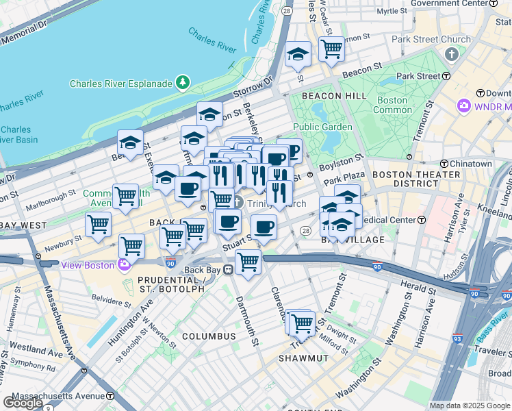 map of restaurants, bars, coffee shops, grocery stores, and more near 222 Berkeley Street in Boston