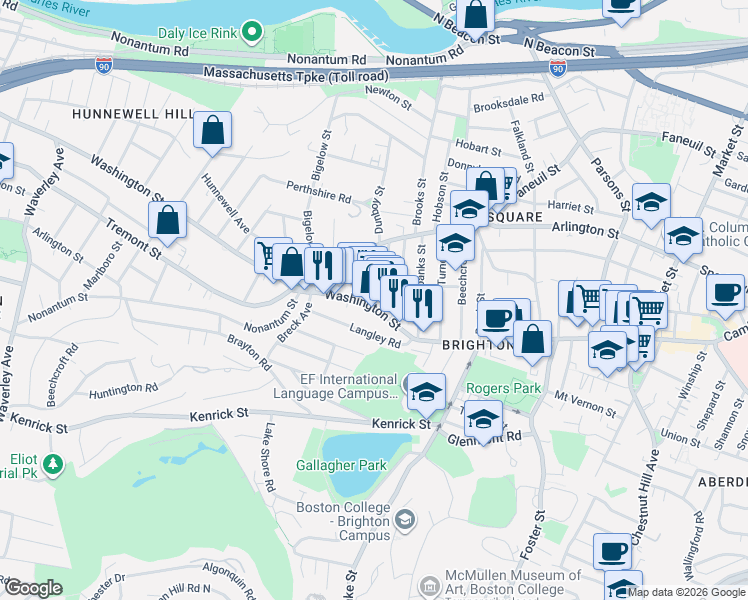 map of restaurants, bars, coffee shops, grocery stores, and more near 575 Washington Street in Boston