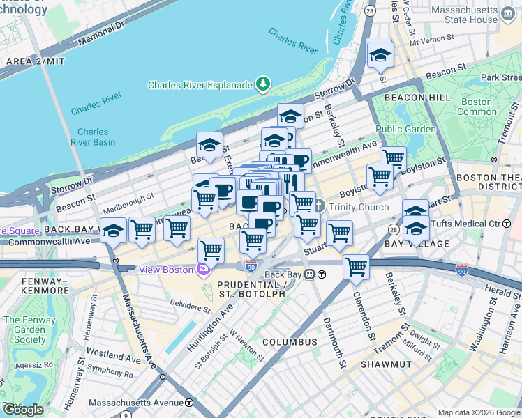 map of restaurants, bars, coffee shops, grocery stores, and more near 174 Newbury Street in Boston
