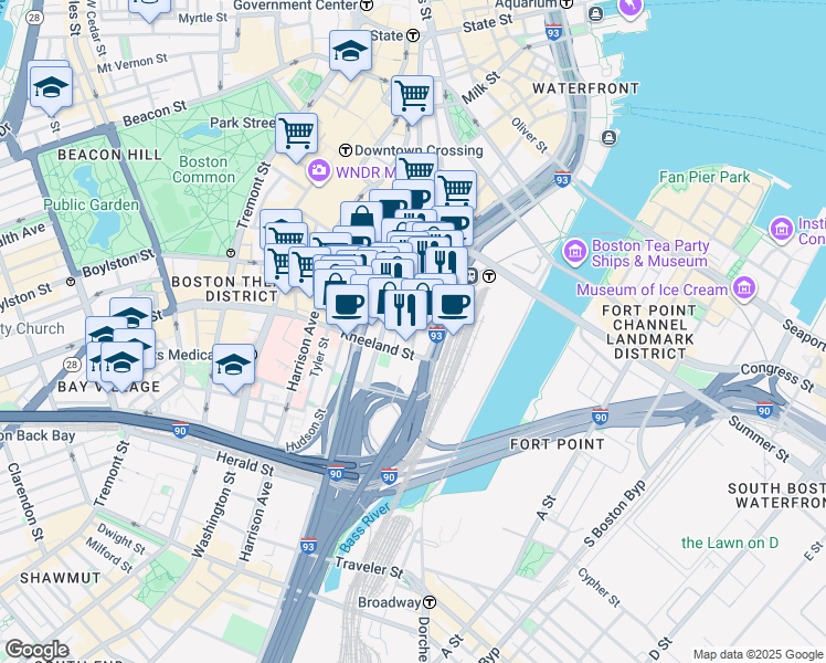 map of restaurants, bars, coffee shops, grocery stores, and more near 420 Huntington Avenue in Boston